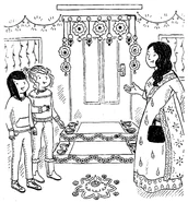 "“What about all these pretty lamps?” asked Kirsty, pointing at rows of oil lamps flickering like tiny candles around the front door"