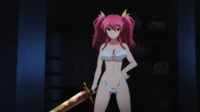 Stella only wearing her underwear, with her sword Lævateinn