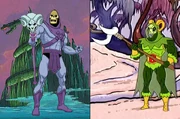 Skeletor and Commander Boneface. Note the ram's-skull head of Skeletor's staff, which closely resembles Commander Boneface's bone face and horns.