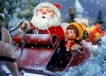 Santa Claus taking Pinocchio and the Talking Cricket home to Geppetto near the end of Pinocchio’s Christmas.