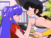 Shampoo grabs Ranma's shirt