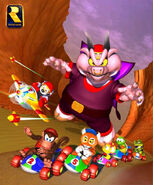 The promotional photo of the main characters of Diddy Kong Racing being chased by Wizpig.