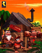 A promotional photo of Donkey and Diddy hanging out at Cranky's Cabin with Cranky in the background.