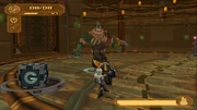 Qwark using his boomerang to fight Ratchet and Clank.