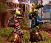 In Megalopolis, Skidd and Phantom high five in victory after the Emperor's defeat.