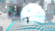 Clank using a Time Bomb to slow down a spinning platform.