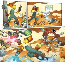 Ratchet fighting Zogg's warbots.