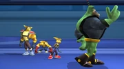 Several Ratchet clones accompanying a miniaturized Qwark.
