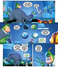Qwark talking to Ratchet and Clank about the missing planets.