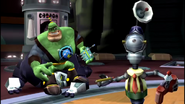 Qwark on a defeated Jack-of-all-Trades.