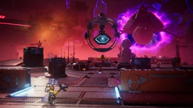 A Nefarious Starship appears from a rift to airlift Ratchet and Kit's cell onboard and off of the planet.