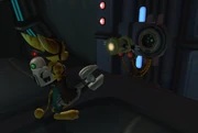 Ratchet using the CodeBot to open a door.