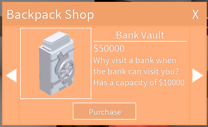 Bank Vault Backpack Roblox Cash Grab Simulator Wiki Fandom - roblox backpack simulator