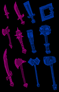 Concept art for weapon redesigns posted by DuncanDunclub on June 18, 2021. Concepts for the Virus and Malware Sword can be seen in row 1, columns 2 & 3. An additional larger Virus Sword, presumably meant to be a separate weapon from the regular Virus Sword, can be seen in row 3, column 1.