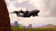 A teaser image of the Cargo Plane flying through the sky, with the Rising City visible in the background.