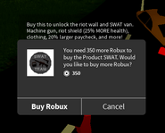 The GUI for purchasing the Rifle, a part of the SWAT Gamepass with Robux.