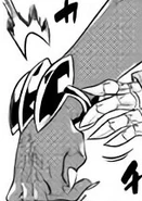 Aporou equipping the bracelet, Beowulf, before he reaches Avenger's village