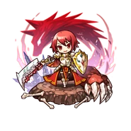 Redhead wearing the Platinum General armor armed with the General's Cleaver (right hand) and General's Shield (left hand) in the mobile game