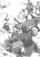 Rou's children and Rubellia training against a Black Ogre