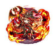 The Witch of Mystic Flame (from Avenger's cast) wearing [Fine Scarlet Robe] while wielding the [Dragon Staff of Heavenly Roaring Flame] in her right hand in the mobile game