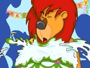 Sam blows out the candles, squishing the cake in the process.