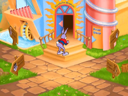 Reader Rabbit puts a "Wet Paint" sign in front of the museum entrance.