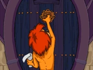 Sam knocks the knocker on the door.