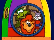 Reader Rabbit, Sam, and Sir Drayson in the rocket