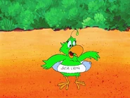 Penelope lands with a life raft around her waist.