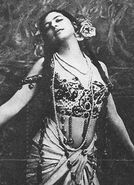 Taken in 1912, illustrating Mata Hari’s costume for the new Indian dance she had created with Inayat Khan.