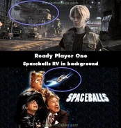 Eagle 5 from Spaceballs is seen behind Parzival in Aech's Workshop