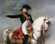 Napoleon on his horse Marengo pointing at something. Painting is by Joseph Chabord.