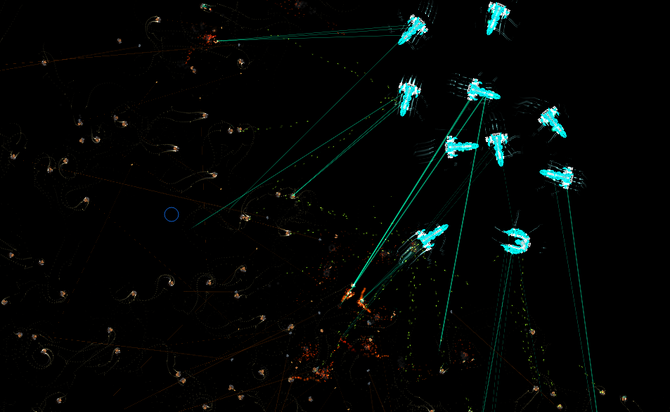 Fleet 14 fights fleet 7 (brown).