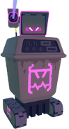 Assassin Bot. Charges a beam while targeting you and then fires after a short pause. Take cover or move when it disappears momentarily to avoid it. Vulnerable to shotgun and rail gun shots to the power port on the back. Resembles gonk droid (star wars) also a fancy purple