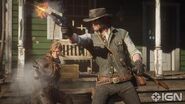 John Marston rechts und Sadie Adler links bei einer Feuerbefecht