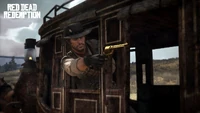 Rdr golden gun01.jpg (345 KB) Marston aiming the golden cattleman revolver from a coach.