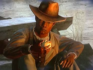 Milton sitting at the fire in MacFarlane's Ranch and inspecting his apple.