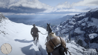 Arthur leading his horse in the mountains of the Grizzlies, looking out over the landscape.