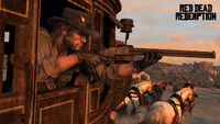 John protects a stagecoach with his Henry Rifle.