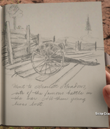 Arthur's drawing: "Went to Scarlett Meadows, site of the famous battle in the war. All them young lives lost."