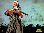 Promotional art of a nun well-equipped for the zombie apocalypse, carrying Holy Water on her waist.