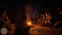 The gang sitting around the campfire and nighttime