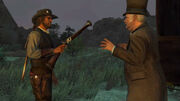 Nigel West Dickens presents the Blunderbuss to an unimpressed John Marston at the end of the mission "A Cure for Most of What Ails You".