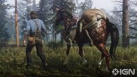 Arthur houdt zijn paard aan de teugels vast