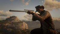 Arthur aiming down the scope of a rifle