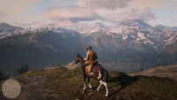 Arthur and his horse riding down the mountain trail and looking at the view