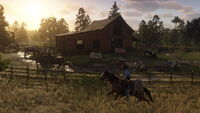 Arthur at the Downes' Ranch, note the wagon that is not present in the final game and the horse holster