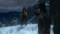 John Marston approaches Dutch Van Der Linde on a cliff.
