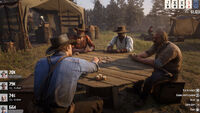 Gang members playing Poker. From left to right, Arthur Morgan, Uncle, Lenny Summers and Pearson