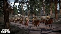 The American Army rides through the woods with John Marston.